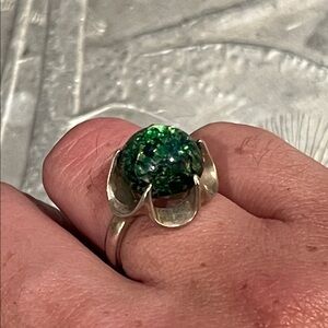 Vintage TAXCO Dichroic Green Glass Sterling ring